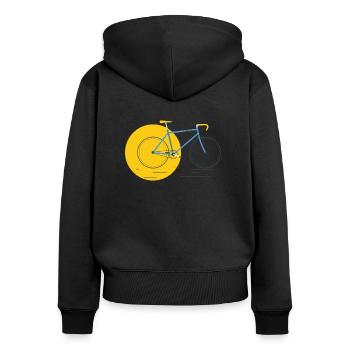 Un vélo de course rapide en jaune-bleu, rétro, vintage - Sweat à capuche zippé Premium bio Femme - noir - Dos - Julia (174cm)