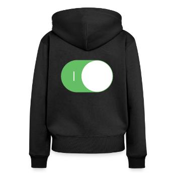 An/Aus Schalter ON/OFF - Frauen Premium Bio Zip Hoodie - Schwarz - Hinten - Julia (174cm)