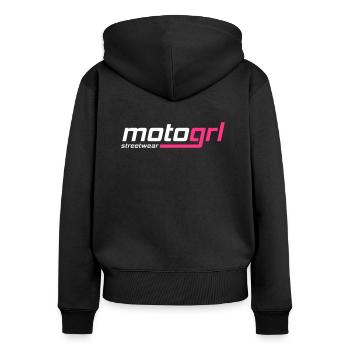 MotoGrl Streetwear - Frauen Premium Bio Zip Hoodie - Schwarz - Hinten - Julia (174cm)