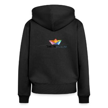Travel the World Boot Spruch mit Papierschiff Meer - Frauen Premium Bio Zip Hoodie - Schwarz - Hinten - Julia (174cm)