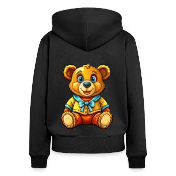 Teddy mit Pullover - Frauen Premium Bio Zip Hoodie - Schwarz - Hinten - Julia (174cm)