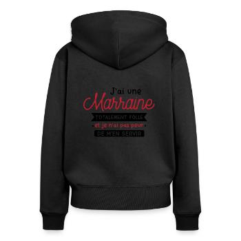 idée cadeau filleule/filleule humour - Sweat à capuche zippé Premium bio Femme - noir - Dos - Julia (174cm)