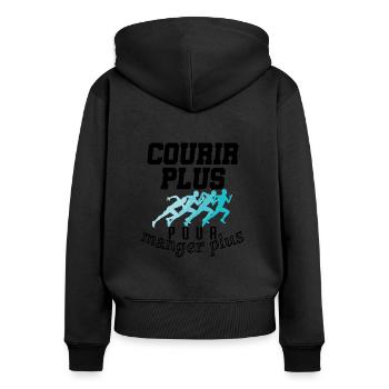 Courir Plus Run Running Manger Humour Fun - Sweat à capuche zippé Premium bio Femme - noir - Dos - Julia (174cm)