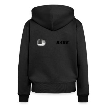 Vintage Stars, Stripes and BABE - Frauen Premium Bio Zip Hoodie - Schwarz - Hinten - Julia (174cm)