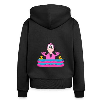 FLAMINGO - PLANSCHBECKEN - SOMMER - BADEN - SHAKA - Frauen Premium Bio Zip Hoodie - Schwarz - Hinten - Julia (174cm)