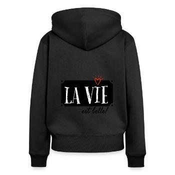 La vie est belle. - Sweat à capuche zippé Premium bio Femme - noir - Dos - Julia (174cm)
