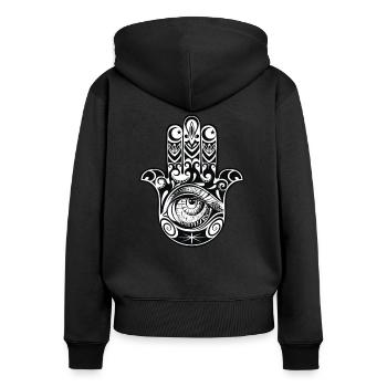 L'oeil de la main - Sweat à capuche zippé Premium bio Femme - noir - Dos - Julia (174cm)