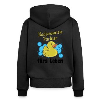 Badewannen Partner Gummiente Badeente Gelbe Ente - Frauen Premium Bio Zip Hoodie - Schwarz - Hinten - Julia (174cm)