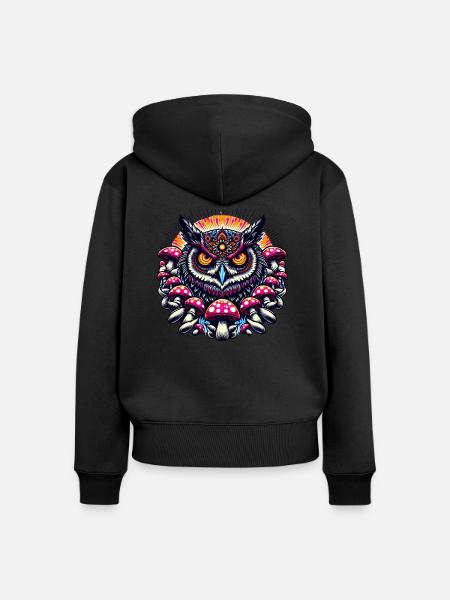 Bunte Eule mit Pilzen - Frauen Premium Bio Zip Hoodie - Schwarz