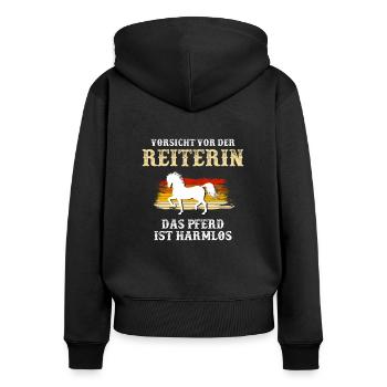 Vorsicht vor der Reiterin - Frauen Premium Bio Zip Hoodie - Schwarz - Hinten - Julia (174cm)
