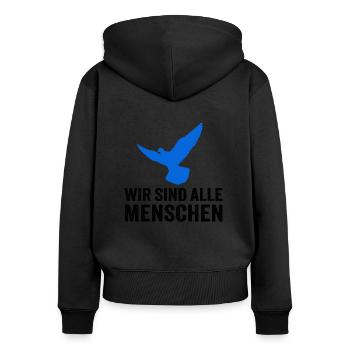 WIR SIND ALLE MENSCHEN - mit Friedenstaube - Frauen Premium Bio Zip Hoodie - Schwarz - Hinten - Julia (174cm)