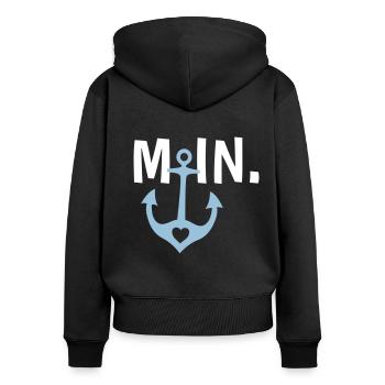 Moin. - Frauen Premium Bio Zip Hoodie - Schwarz - Hinten - Julia (174cm)
