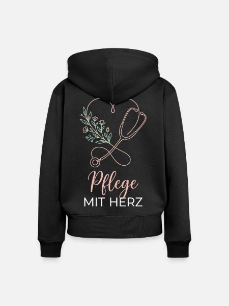 Pflege mit Herz Floral - Frauen Premium Bio Zip Hoodie - Schwarz