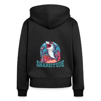 Sharkitude Shark singt mit Haltung - Frauen Premium Bio Zip Hoodie - Schwarz - Hinten - Julia (174cm)
