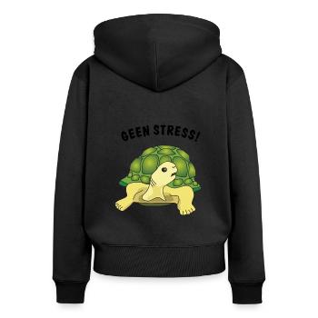 geen stress - Frauen Premium Bio Zip Hoodie - Schwarz - Hinten - Julia (174cm)