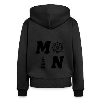 Moin - Frauen Premium Bio Zip Hoodie - Schwarz - Hinten - Julia (174cm)
