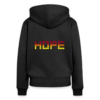 HOPE (Rot, Orange, Gelb) - Frauen Premium Bio Zip Hoodie - Schwarz - Hinten - Julia (174cm)