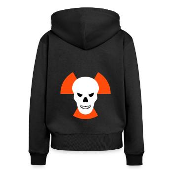 Schädel mit bösem Blick vor Strahlenwarnzeichen - Frauen Premium Bio Zip Hoodie - Schwarz - Hinten - Julia (174cm)