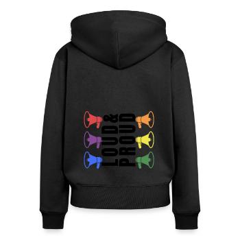 PRIDE Loud and PROUD black 2 - Frauen Premium Bio Zip Hoodie - Schwarz - Hinten - Julia (174cm)