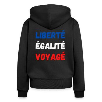 Liberté égalité Voyagé - Sweat à capuche zippé Premium bio Femme - noir - Dos - Julia (174cm)
