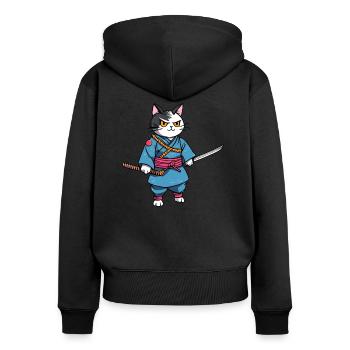 Chat samouraï #43 - Sweat à capuche zippé Premium bio Femme - noir - Dos - Julia (174cm)