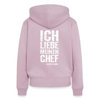 J’AIME MON PATRON - Sweat à capuche zippé Premium bio Femme - rose poudré - Dos - Julia (174cm)