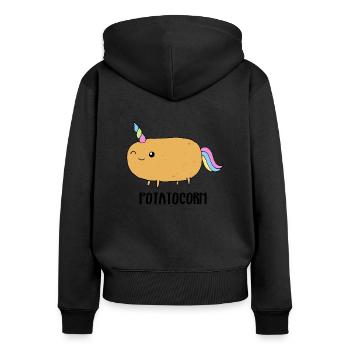 Mignonne Pomme De Terre (Pomme De Terre + Licorne) - Sweat à capuche zippé Premium bio Femme - noir - Dos - Julia (174cm)