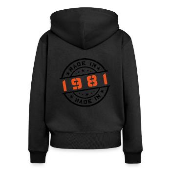 Année de naissance Anniversaire Né en - Fabriqué en 1981 - Sweat à capuche zippé Premium bio Femme - noir - Dos - Julia (174cm)