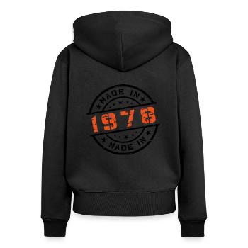 Année de naissance Anniversaire Né en - Fabriqué en 1978 - Sweat à capuche zippé Premium bio Femme - noir - Dos - Julia (174cm)