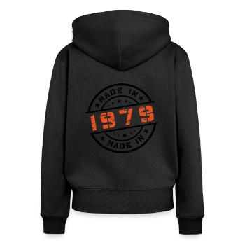 Année de naissance Anniversaire Né en - Fabriqué en 1979 - Sweat à capuche zippé Premium bio Femme - noir - Dos - Julia (174cm)