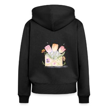 Lettre d’amour avec des fleurs. Personnalisable - Sweat à capuche zippé Premium bio Femme - noir - Dos - Julia (174cm)