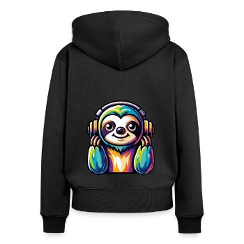 Lustiges Faultier mit Kopfhöhrern - Frauen Premium Bio Zip Hoodie - Schwarz - Hinten - Julia (174cm)
