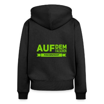 auf dem falschen Fuß erwischt - Frauen Premium Bio Zip Hoodie - Schwarz - Hinten - Julia (174cm)