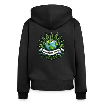 "Umweltfreundliches High": Earth & Cannabis Unity T-Shirt - Frauen Premium Bio Zip Hoodie - Schwarz - Hinten - Julia (174cm)