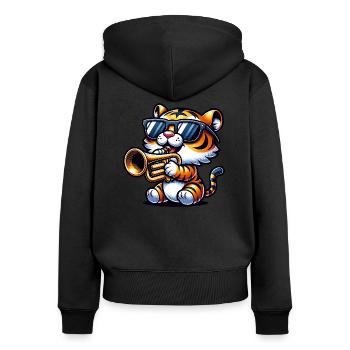 Cooler Tiger Mit Trompete Und Sonnenbrille - Frauen Premium Bio Zip Hoodie - Schwarz - Hinten - Julia (174cm)
