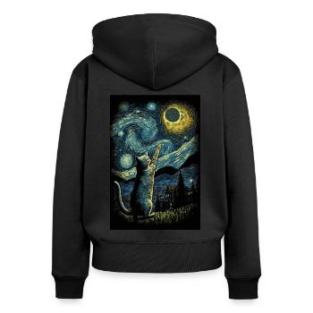 Cat Van Gogh Style Moon Stars Night Kitty - Women's Premium Organic Zip Hoodie - black - Back - Julia (174cm)