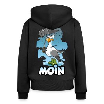 Möwe mit Regenschirm und Gummistiefel - Moin - Frauen Premium Bio Zip Hoodie - Schwarz - Hinten - Julia (174cm)