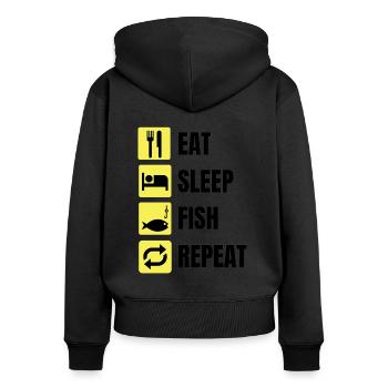EAT SLEEP FISH REPEAT - FISCHEN - FISCHER - Frauen Premium Bio Zip Hoodie - Schwarz - Hinten - Julia (174cm)