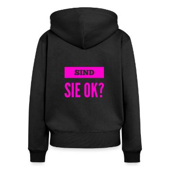 alles klar? - Frauen Premium Bio Zip Hoodie - Schwarz - Hinten - Julia (174cm)