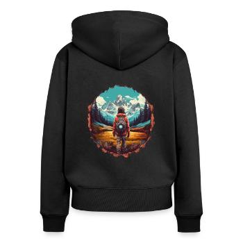 Wandern in den Bergen und frischer Bergluft - Frauen Premium Bio Zip Hoodie - Schwarz - Hinten - Julia (174cm)