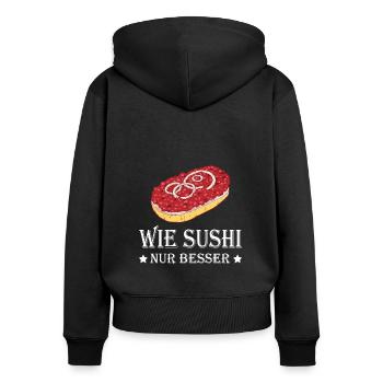 Mettbrötchen Mett Mettigel - Frauen Premium Bio Zip Hoodie - Schwarz - Hinten - Julia (174cm)