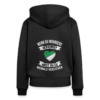 Mönchengladbach Fanartikel - Frauen Premium Bio Zip Hoodie - Schwarz - Hinten - Julia (174cm)