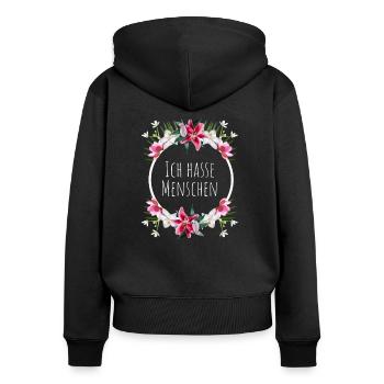 Ich hasse Menschen mit Blumenkranz - Frauen Premium Bio Zip Hoodie - Schwarz - Hinten - Julia (174cm)