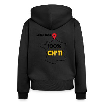 T shirt 100%ch'ti m'baraque - Sweat à capuche zippé Premium bio Femme - noir - Dos - Julia (174cm)