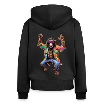 happy tanzender Affe im Hippie Style mit Brille - Frauen Premium Bio Zip Hoodie - Schwarz - Hinten - Julia (174cm)