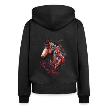 I Love My Horse Pferdekopf Pferd Pferdemotiv - Frauen Premium Bio Zip Hoodie - Schwarz - Hinten - Julia (174cm)