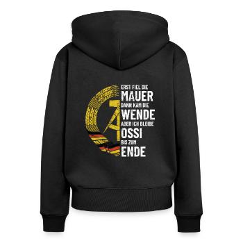 Ossi bis zum Ende - DDR Spruch - Frauen Premium Bio Zip Hoodie - Schwarz - Hinten - Julia (174cm)