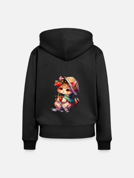 Katze mit Mütze - Frauen Premium Bio Zip Hoodie - Schwarz