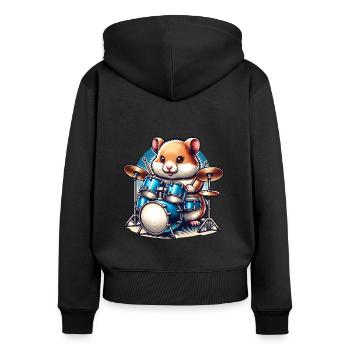 Hamster drummer rocks on music waves - Women's Premium Organic Zip Hoodie - black - Back - Julia (174cm)