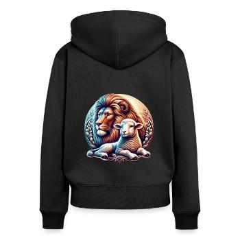 Christliche Kleidung Löwe und Lamm - Frauen Premium Bio Zip Hoodie - Schwarz - Hinten - Julia (174cm)
